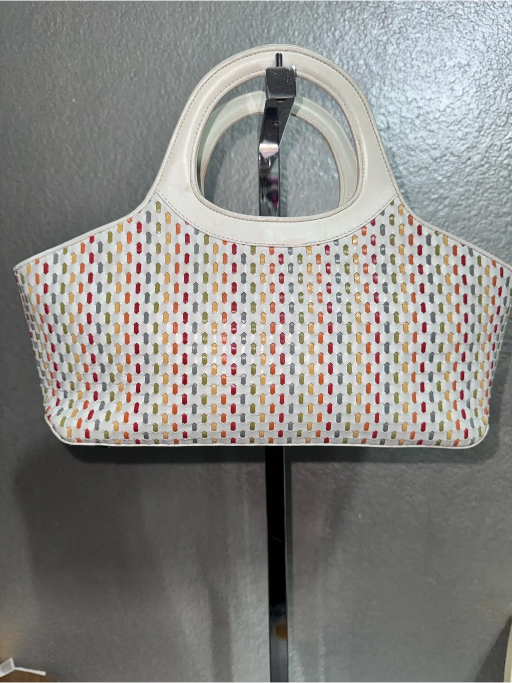 Salvatore Ferragamo White Tote with Multicolor Perforated Accents